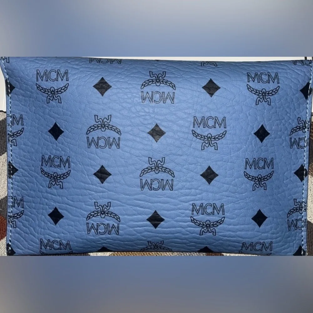 MCM Sky Blue Leather Clutch with Black Accents & Unbranded Gold Chain NO BOX - Picture 2 of 7